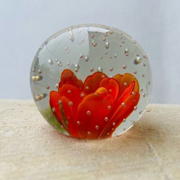 Vintage Orange Flower Bubble Clear Art Glass Round Paper Weight - Picture 8 of 16